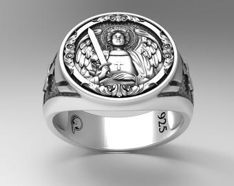 Handmade St. Michael Archangel Ring: 925 Sterling Silver Signet