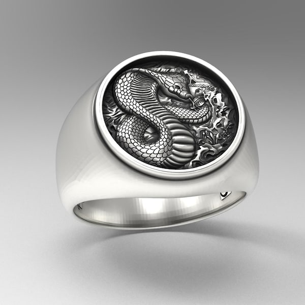 Handcrafted Sterling Silver Snake & Lotus Ring: Oxidized Boho Jewelry