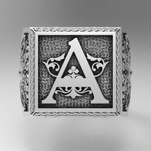 Anillo con monograma, anillo con sello de letra, anillo con alfabeto, anillo con iniciales, anillo de plata con letras góticas grabadas, regalos de joyería para él y para ella