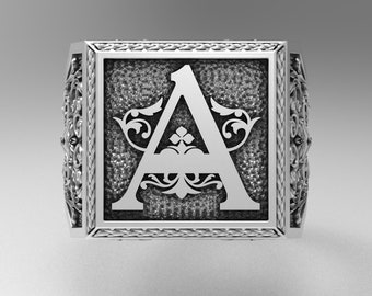 Monogram Ring,Letter Signet Ring,Alphabet ring,Initials Ring,Gothic Letter Engraved Silver Ring,Jewelry Gifts for Him & Her