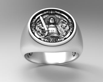 Handmade St. Michael Archangel Ring: 925 Sterling Silver Signet