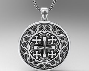 Jerusalem Cross Necklace,Silver Religion,Jewelry Accessory,Christian Cross Locket,Knights Gift for Him 925 Sterling Silver Christianity