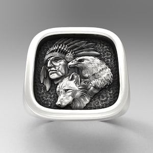 Indianer Häuptling handgemachter Ring, Adler und Wolf detailliert, Indianer Häuptling Silber, Biker Ring, einfach und attraktiv