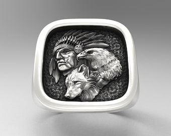 Handmade Sterling Silver American Indian Chief Ring: Eagle & Wolf Detail