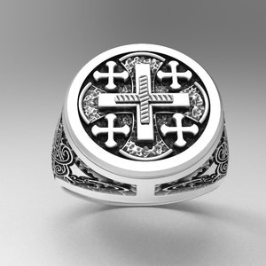 Jerusalem Kreuz Ring,Religiös Silber,Schmuckzubehör,Christlicher Kreuz Ring,Ritter Geschenk für ihn 925 Sterling Silber Christentum