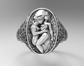 Romantic 925 Sterling Silver Ring, Lovers Ring Silver, Loving Hugging Couple Ring, Valentine&#39;s Day Ring, Attractive and Aesthetic Oxide Ring