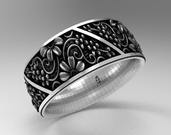 Sterling Silver Floral Wedding Ring: Detailed Neoclassical Design