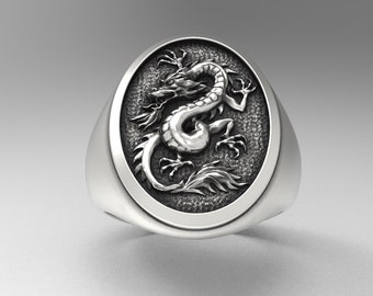 Oxidized Sterling Silver Dragon Signet Ring: Unisex Animal Jewelry