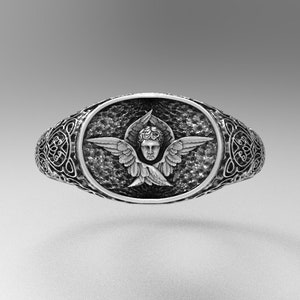 Muttertag Ring, Frau Siegelring Engel, Engel Themed eleganter detaillierter Ring | Cherub Silber Ring | Ein ästhetisches Geschenk für ihn