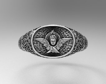 Handmade Sterling Silver Angel Signet Ring: Detailed Cherub Design