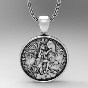 Aquarius Sign Necklace, Medallion 925 Sterling Silver, A Detailed and Stylish Souvenir, Unisex Horoscope Accessory