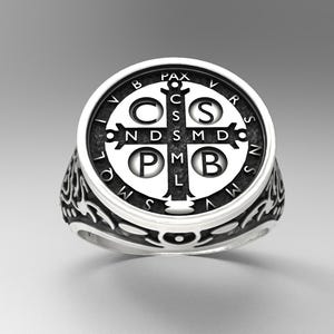 Heilige Benedictus antieke zilveren ring voor mannen, unieke ringen Benedictus exorcismering, 925k zilveren zegelring mannen, religieuze ringen voor hem