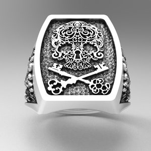 Engraved Skull Key Ring: 925 Sterling Silver Secret Lock