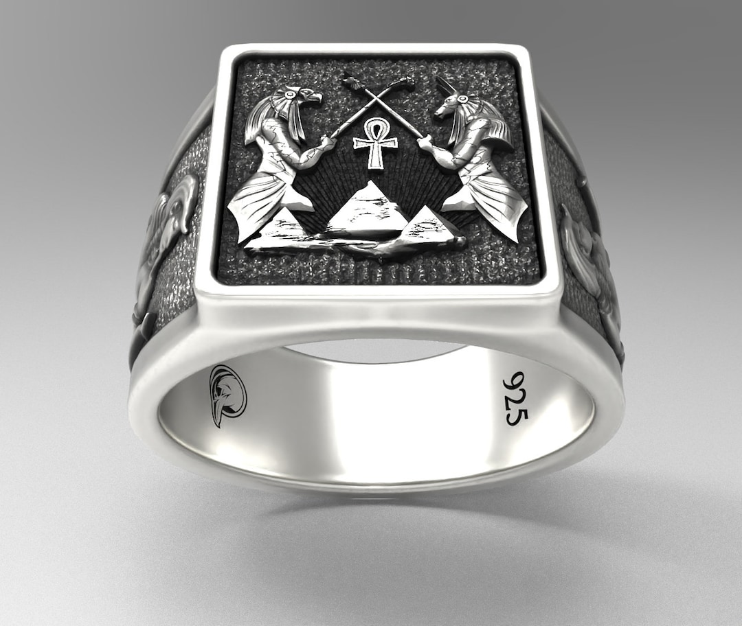 Handmade Sterling Silver Anubis & Ra Square Ring: Egyptian Mythology ...