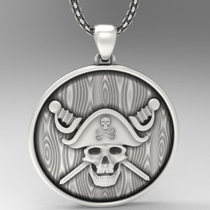 Oxidized Sterling Silver Pirate Medallion Necklace: Skull & Swords