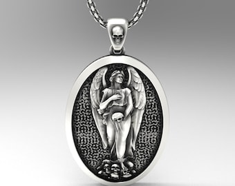 May include: Silver pendant featuring a detailed sculpture of an angel holding a skull. The angel is standing on a base of skulls. The pendant is oval shaped and has a textured background.