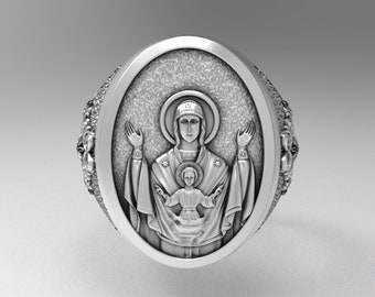Handcrafted Sterling Silver Holy Mother Mary and Jesus Signet Ring
