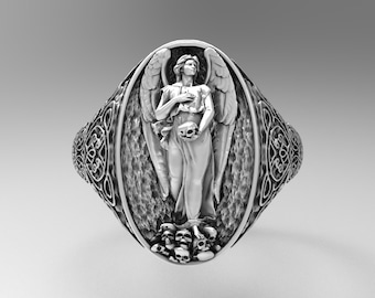 Angel of Death Signet Ring, Detailed Sterling Silver, Handmade