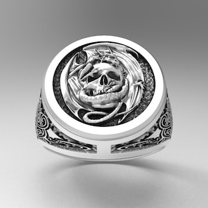 Bague tête de mort de dragon : chevalière en argent sterling 925 faite main
