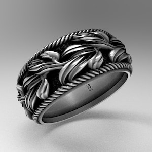 Vintage Style,Silver Leaf Ring Band, Woodland Ring, Artisan Vine Pattern Textured Ring,Antique Style Rustic Nature Jewelry,Aesthetic details