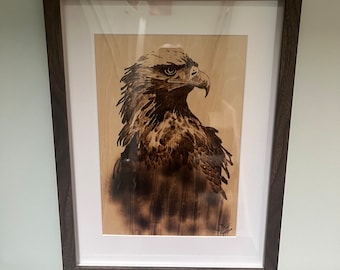 Pyrography engraved by hand , Eagle on plywood in frame.