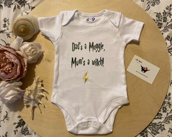 Hand Printed Baby Vests Inspired by Muggle and witch