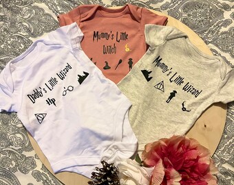 Hand Printed Baby Vests Daddy or Mummy’s Little Wizard or Witch