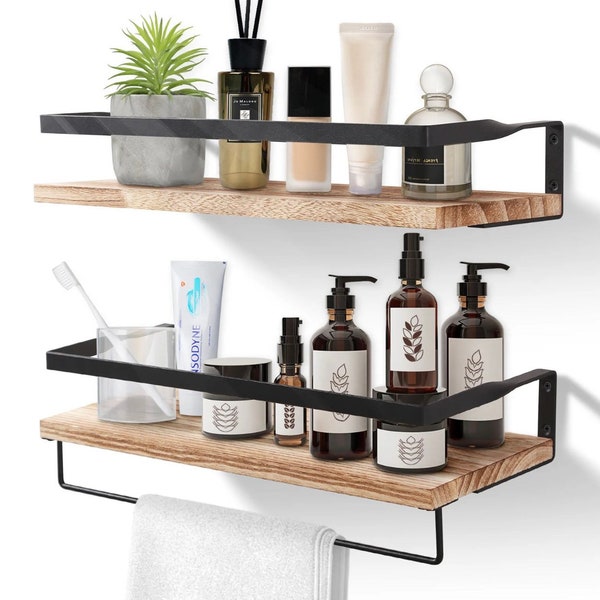 2x Rustic Wood Floating Shelves Wall Mounted Storage Shelf Rack Kitchen Bathroom