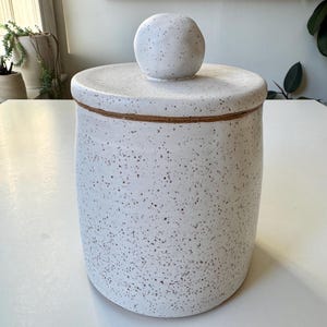 May include: A white ceramic jar with a lid and a small knob on top. The jar has a speckled pattern of dark brown spots. The lid has a thin brown band around the edge. The jar is sitting on a white surface.