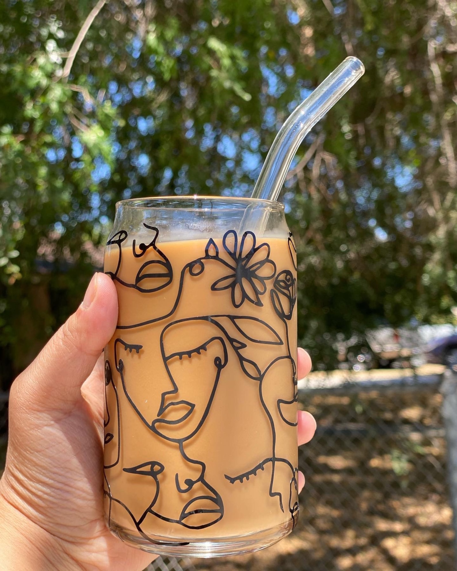 Glass can cups with glass straw coffee abstract Etsy