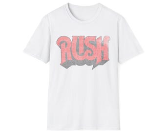 Camiseta blanca Rush Retro con logo desgastado y envejecido / Letras 3D vintage