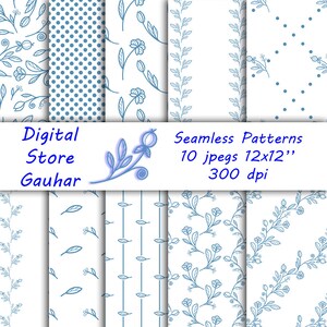 Line art doodle flowers blue digital paper pack seamless pattern textile design scrapbooking printable papers jpeg wrapping paper