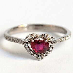White Gold Ring with Heart Cut Ruby and Diamonds, Perfect Engagement Ring or Symbol of Love, Gemstone Ring with Ruby and Diamonds