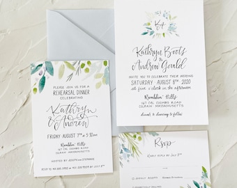 Modern Greenery Wedding Invitation. Modern Floral Wedding Invitation Suite. Blue Floral Wedding Invites. Green Floral Wedding Invitation