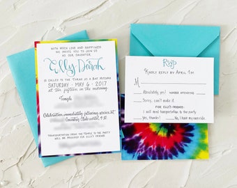 Tie Dye Bat Mitzvah Invitation, Tie Dyed Bat Mitzvah Invitations, Turquoise Bat Mitzvah Invitation, Unique Bat Mitzvah Invite