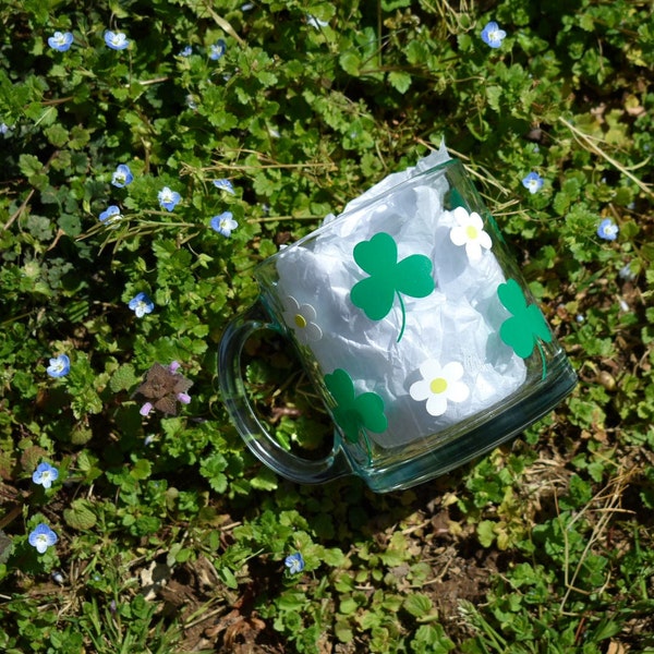 Clear Coffee Beer Can Glass or Glass Mug with Green Clover Shamrock Flower Decals