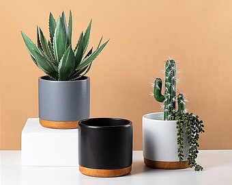 Ceramic Plant Pots with Wooden Base. Wedding Home Decor. Christmas Housewarming Birthday Gift. Boho Decorative. Minimalist. Modern. Neutral.