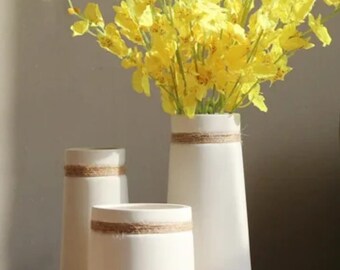 White Ceramic Flower Vase Set with Twine Detail. fresh or Dried Flowers.  Home Decor. Scandi. Housewarming. Birthday Gift. Boho Decorative.