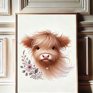 Baby Cow Watercolor Illustration  PNG| Cute Highland cow Animal Art Print Design Illustration Print PNG