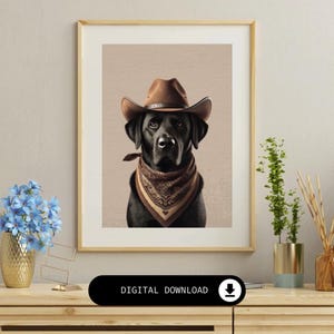 Black Labrador Cowboy Art | Funky Western Wall Decor, Trendy Cowgirl Print, Neutral Aesthetic Dog Portrait
