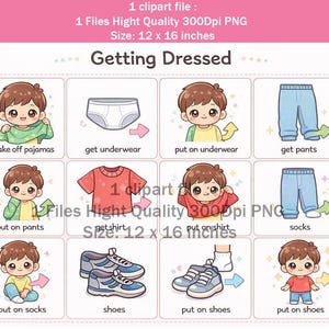 May include: A colorful illustration titled "Getting Dressed" shows a sequence of steps with a cartoon child. The steps include taking off pajamas, getting underwear, putting on underwear, getting pants, putting on pants, getting a shirt, putting on a shirt, socks, shoes.