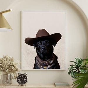Labrador Cowgirl Hat Art Print | Funky Western Vintage Wall Decor, Trendy Cowgirl Print, Neutral Aesthetic Dog Portrait