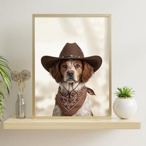 Brittany Spaniel Cowgirl Hat Art Print | Funky Western Vintage Wall Decor, Trendy Cowgirl Print, Neutral Aesthetic Dog Portrait