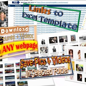 Op de afbeelding: Een digitale collage met webpagina's en afbeeldingen. Tekstoverlays lezen "Links naar Excel Template", "Download Afbeeldingen + Video's van ELKE webpagina" en "Sla foto's en video's op in geselecteerde map". De afbeeldingen bevatten portretten en landschappen.