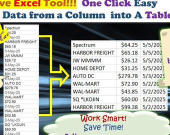 May include: An infographic demonstrating an Excel tool that converts data from a column into a table. The image includes text that reads "Must-have Excel Tool!!! One Click Easy" and "Convert Data from a Column into A Table."