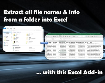 Könnte beinhalten: Ein Bild, das zeigt, wie man Dateinamen und Informationen aus einem Ordner mit einem Excel-Add-In in Excel extrahiert. Der Text im Bild lautet: "Extrahieren Sie alle Dateinamen und Infos aus einem Ordner in Excel... mit diesem Excel-Add-In."