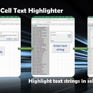 K&ouml;nnte beinhalten: Eine visuelle Anleitung zur Textmarkierung in Excel-Zellen. Die Schritte umfassen die Auswahl von Zielzellen, die Eingabe eines Textstrings und die Hervorhebung des Textes in Rot und unterstrichen. Der Titel des Bildes lautet "Excel In-Cell Text Highlighter".