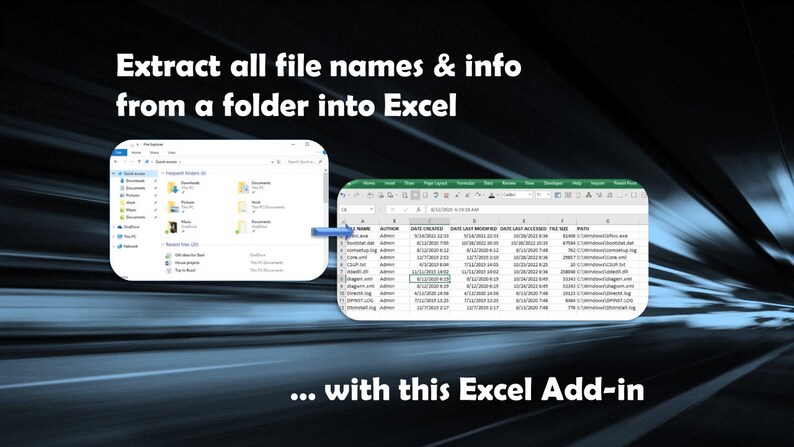 Op de afbeelding: Afbeelding met een computerscherm met een bestandsverkenner en een Excel-spreadsheet. De tekst luidt: "Extraheer alle bestandsnamen en info uit een map in Excel... met deze Excel Add-in."