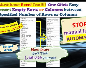 May include: An image promoting an Excel tool with the text "Must-have Excel Tool!!!" and "Insert Empty Rows or Columns". The image includes the text "Works in both Windows & Mac" and "STOP manual labor! AUTOMATE!!!".