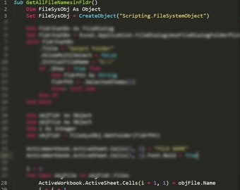 Könnte beinhalten: Ein dunkelgrauer Bildschirm zeigt Codezeilen in verschiedenen Farben, darunter Grün, Rot und Blau. Der Code scheint sich auf Dateisystemoperationen zu beziehen, mit sichtbaren Funktionsnamen und Variablendeklarationen. Der Text enthält "GetAllFileNamesinFldr" und "CreateObject".